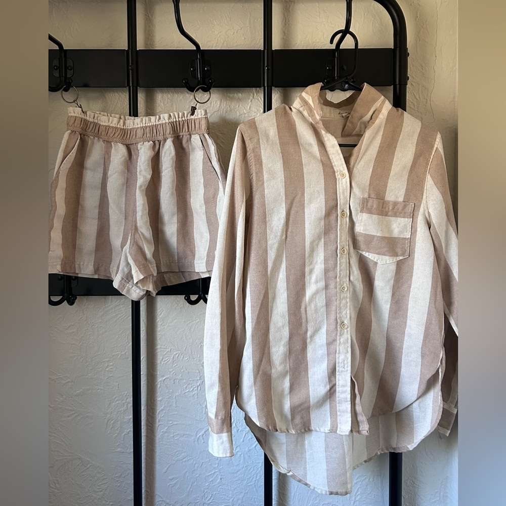 🍂 Beige and White Striped Pajama Set 🍂 - Love Notes Cotton Blend Set